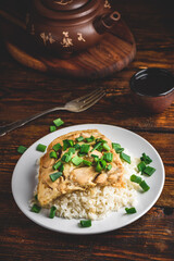 Oyakodon dish on white plate