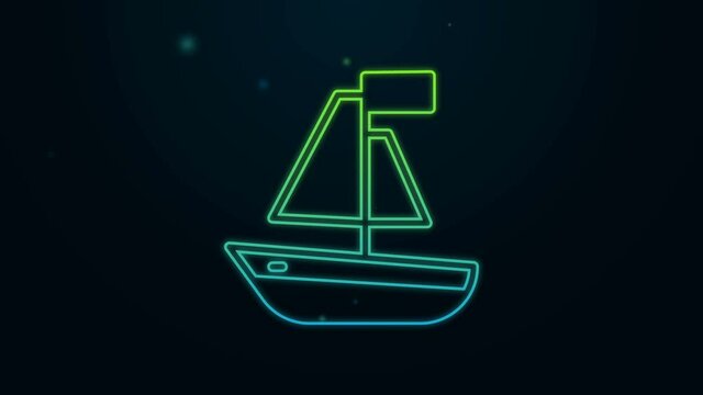 Glowing neon line Toy boat icon isolated on black background. 4K Video motion graphic animation