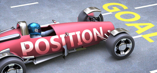 Position helps reaching goals, pictured as a race car with a phrase Position on a track as a metaphor of Position playing vital role in achieving success, 3d illustration