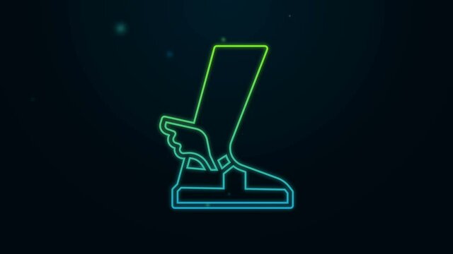Glowing neon line Hermes sandal icon isolated on black background. Ancient greek god Hermes. Running shoe with wings. 4K Video motion graphic animation