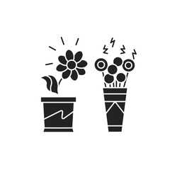 Living plants vs artificial black glyph icon. A real plant needs care. Artificial can live forever without care. Pictogram for web page, mobile app, promo. UI UX GUI design element.