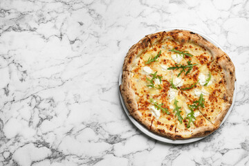 Tasty cheese pizza on white marble table, top view. Space for text