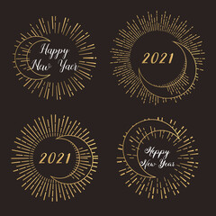 Hand Drawn Vector Happy New Year Card with Golden Sunburst