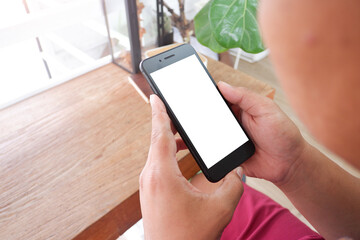 Mockup picture of business woman’s hands/man's hands holding smart phone with white blank screen...