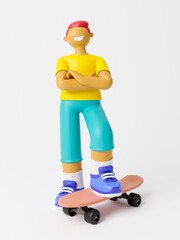 Cute happy young boy skater riding. Outdoor healthy sport activity, extreme sport and lifestyle. 3d illustration.