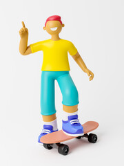 Cute happy young boy skater riding. Outdoor healthy sport activity, extreme sport and lifestyle. 3d illustration.