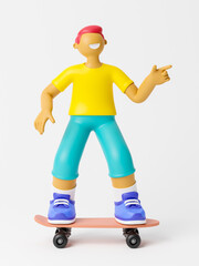 Cute happy young boy skater riding. Outdoor healthy sport activity, extreme sport and lifestyle. 3d illustration.