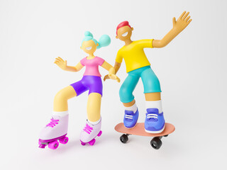 Plakat Cute happy young girl and boy roller skater riding. Outdoor healthy sport activity, extreme sport and lifestyle. 3d illustration.