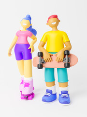 Cute happy young girl and boy roller skater riding. Outdoor healthy sport activity, extreme sport and lifestyle. 3d illustration.