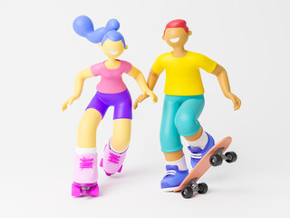 Fototapeta na wymiar Cute happy young girl and boy roller skater riding. Outdoor healthy sport activity, extreme sport and lifestyle. 3d illustration.