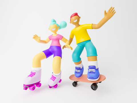 Cute happy young girl and boy roller skater riding. Outdoor healthy sport activity, extreme sport and lifestyle. 3d illustration.