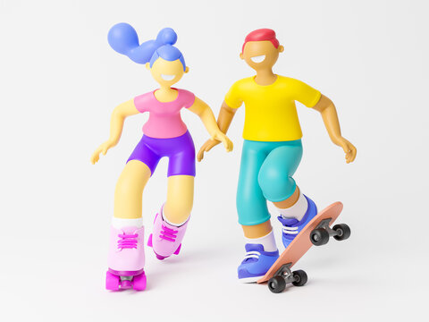 Cute happy young girl and boy roller skater riding. Outdoor healthy sport activity, extreme sport and lifestyle. 3d illustration.