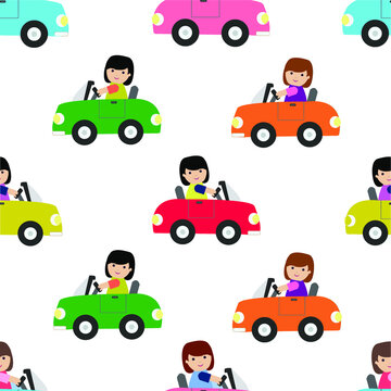 Illustration Vector Graphic of Girl Driving Car Seamless Pattern