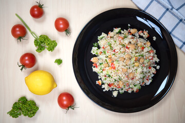 Quinoa salad with on a wooden table.Superfood and healthy eating concept.Top view
