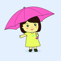Cute Little Girl Holding Umbrella Vector.