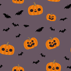 Pumpkins and bats halloween pattern. Seamless texture with cute and funny illustrations.