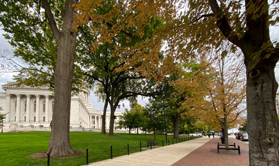 autumn around state capitol building leaves changing colors red yellow orange green