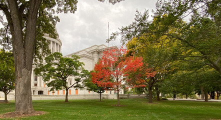 autumn around state capitol building leaves changing colors red yellow orange green