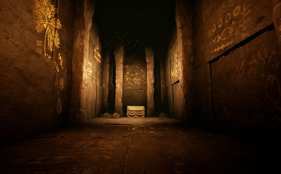 Fantasy background image from an ancient temple inside a cave. Thick walls out of stone and carvings on the walls. 