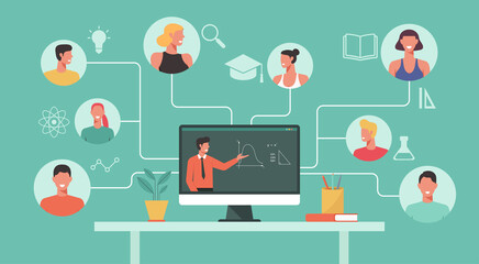 teacher teaching online via teleconference, video conference on computer to students, learn from anywhere, worldwide education, social distance concept, vector flat illustration
