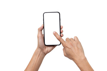 Hand man holding mobile smartphone with blank screen isolated on white background with clipping path