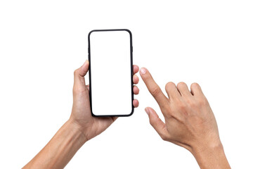 Hand man holding mobile smartphone with blank screen isolated on white background with clipping path