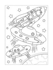Coloring page with cartoon outer space scene, UFOs, spaceship, stars, Earth  © ratselmeister