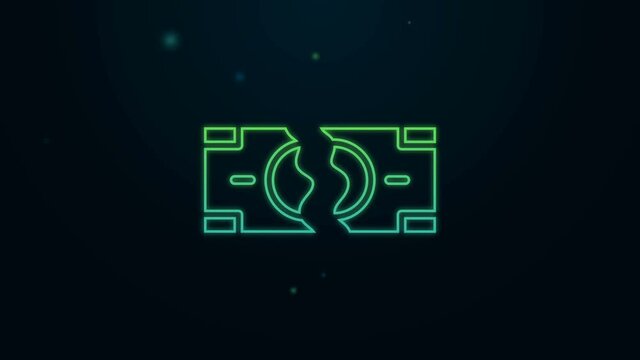 Glowing neon line Tearing apart money banknote into two peaces icon isolated on black background. 4K Video motion graphic animation