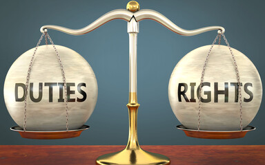 duties and rights staying in balance - pictured as a metal scale with weights and labels duties and rights to symbolize balance and symmetry of those concepts, 3d illustration - obrazy, fototapety, plakaty