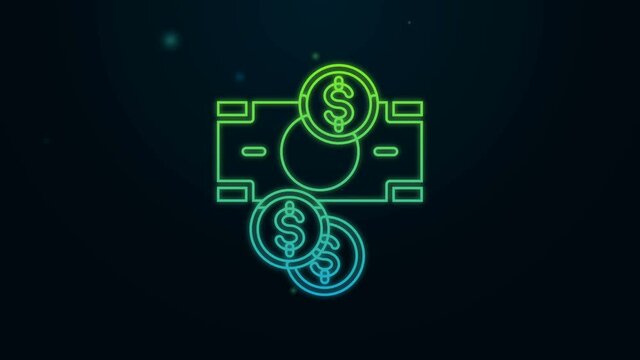 Glowing neon line Stacks paper money cash and coin money with dollar symbol icon isolated on black background. Money banknotes stacks. 4K Video motion graphic animation