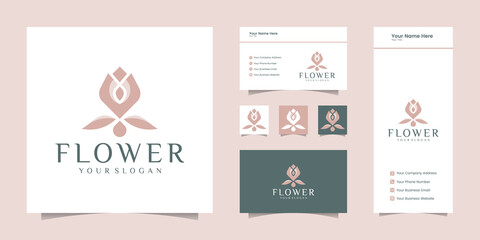 Minimalist elegant flower rose line art style. luxury beauty salon, fashion,cosmetic, yoga and spa products. logo design and business card
