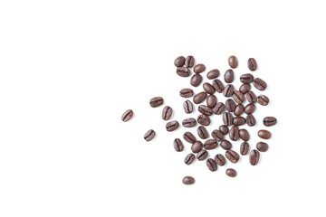 Top view of roasted coffee beans on white background with copy space for text..