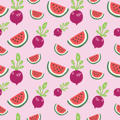 Repeating seamless pattern of illustrated watermelon and radish.