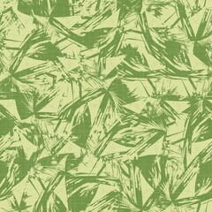 Naklejka na ściany i meble Bright line green tropical foliage seamless pattern. High quality illustration. Vivid but simple palm tree leaves in happy light green shades with linen fabric texture overlay.