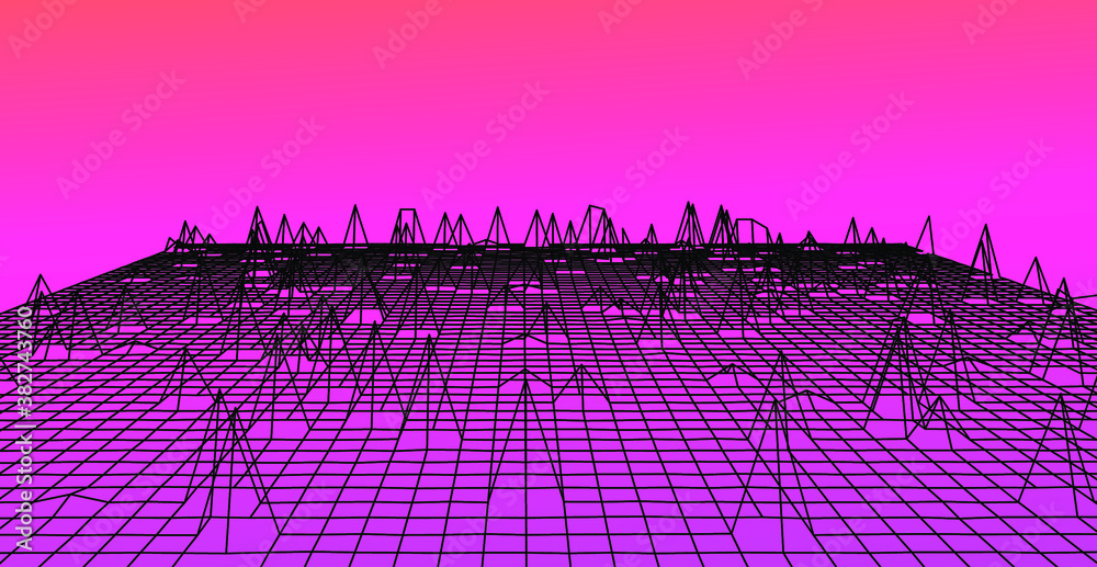 Aufkleber Abstract technology background with warped and distorted grid. Vaporwave and synthwave style illustration like in old video arcade games.