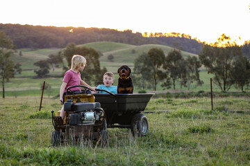 Happy boy driving ride on mower in pretty country setting with another child and dog in trailer