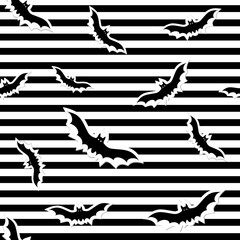 Pattern for Halloween bats on a white background with black stripes, vector illustration in flat style, print, texture, textiles, design, decoration, background, Wallpaper