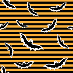 Pattern for Halloween bats on yellow background with black stripes, vector illustration in flat style, print, texture, textile, design, decoration, background, Wallpaper