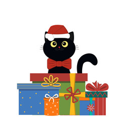 Black kitten in a suit, with a Santa Claus hat and a red butterfly among Christmas gifts, isolated color vector illustration on a white background in a flat style, banner, poster, clipart, design