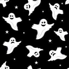 Pattern for Halloween Ghost on a black background, vector illustration in flat style, print, texture, textile, design, decoration, background, Wallpaper