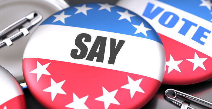 Say and elections in the USA, pictured as pin-back buttons with American flag colors, words Say and vote, to symbolize that t can be a part of election or can influence voting, 3d illustration