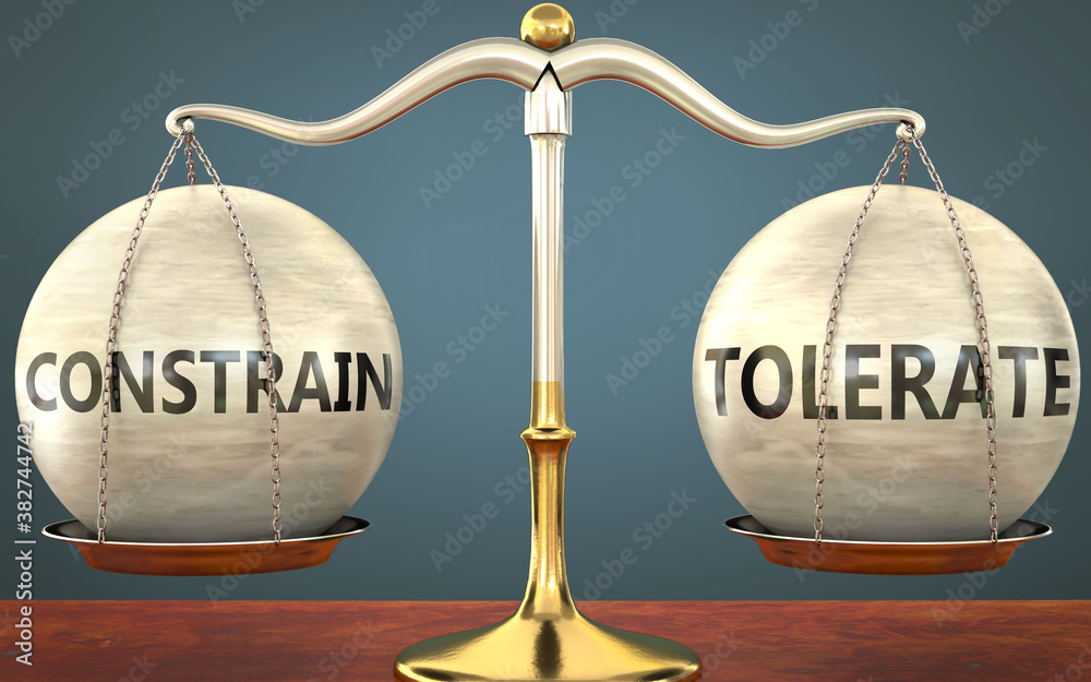 Wall mural constrain and tolerate staying in balance - pictured as a metal scale with weights and labels constr