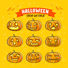 halloween set of jack o lantern character trick or treat poster vector