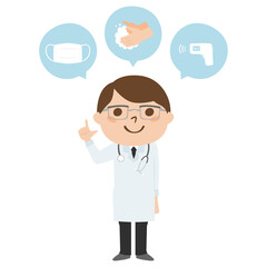 男性の医者。コロナウィルスの感染予防対策のイラスト。