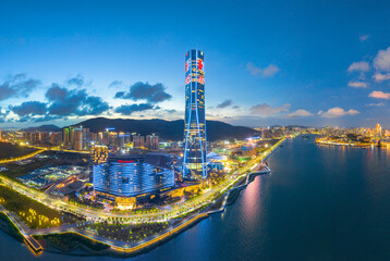 Night aerial view of Zhuhai Central Building, Guangdong Province, China