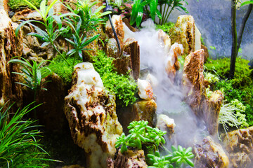 A bonsai waterfalls and plants close up