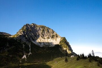 travel germany and bavaria, view at Rubihorn with Geisalpsee, sunny day with blue sky and no clouds, Allgäu, Bavaria, Germany