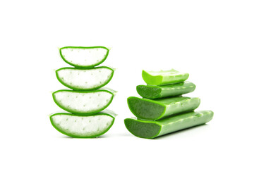 Slices of fresh aloe vera plant stacked and aloe vera stalk or leaves with water dropping isolate on white background.