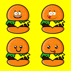 Cute Kawaii Hamburger Character with Different Emotions Set, Funny Burger Emoticons Cartoon Vector Illustration