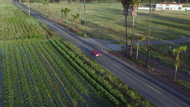 Aerial, tracking, a 1966 red Chevelle joins traffic on a country road, California, USA